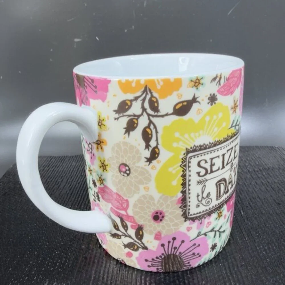 C R Gibson Seize The Day Ceramic Coffee Mug Cup Stoneware Floral Pattern Mug Cup